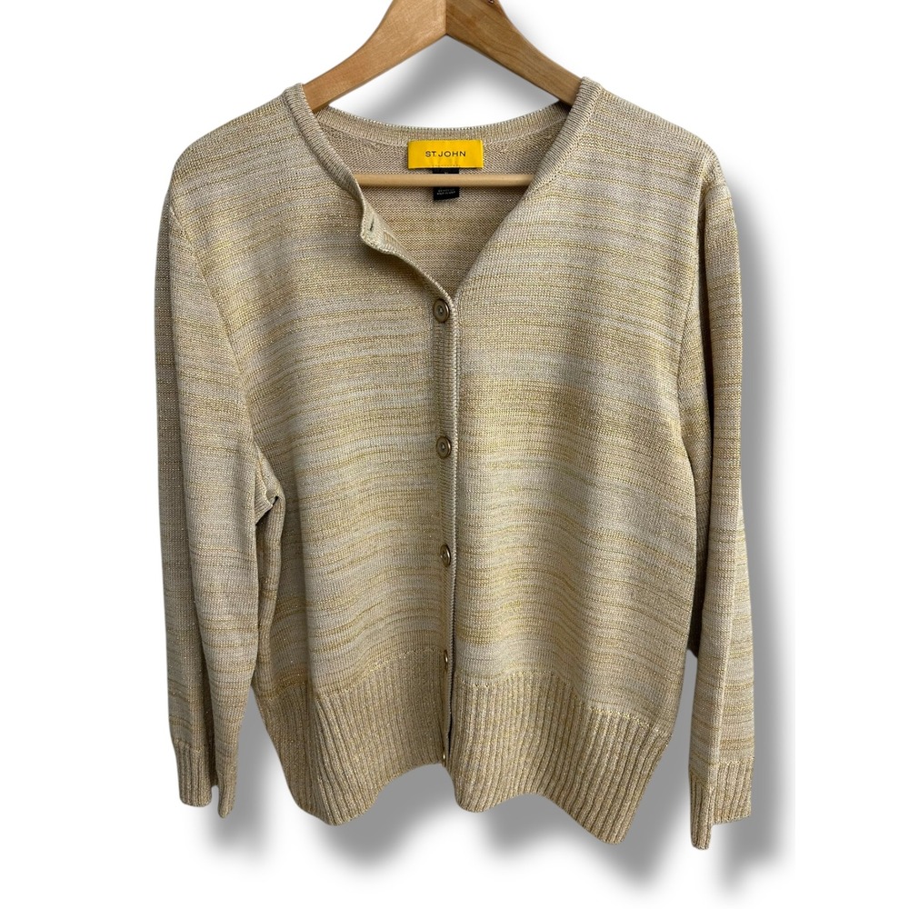 St. John Knit Cardigan Metallic Gold Accent Stitch Button Front Women's XL